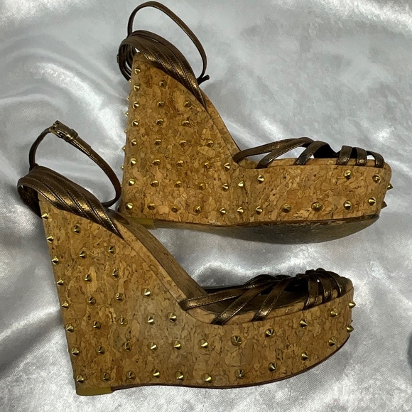 Gucci Studded Cork Platform Wedge Sandals Bronze Gold Leather EU 39.5 - Picture 5 of 12